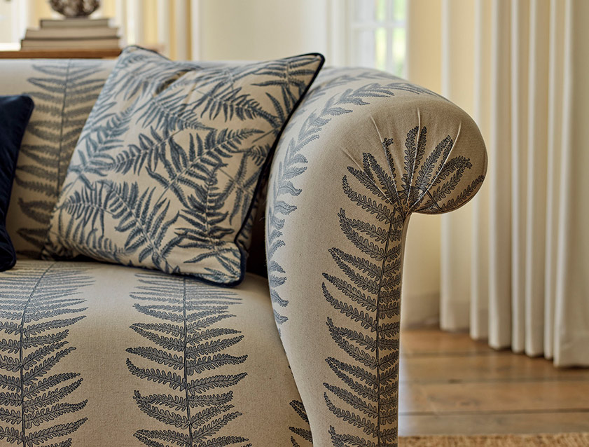 Exbury 3 seater sofa in Frond Stripe Large Storm with scatters in Frond All Over Storm cropped
